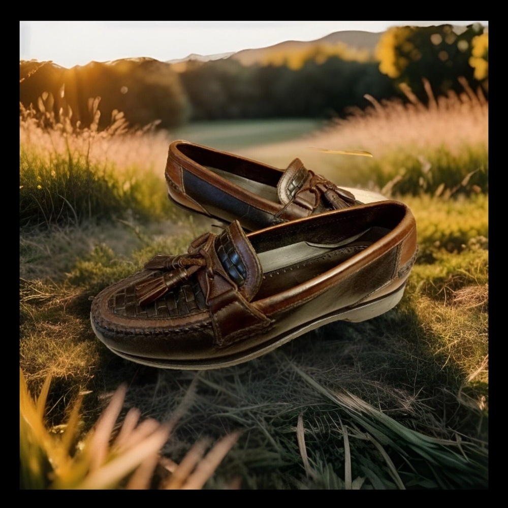 Johnston & Murphy Passport brown/black woven leather tassel loafers men’s Sz 9.5